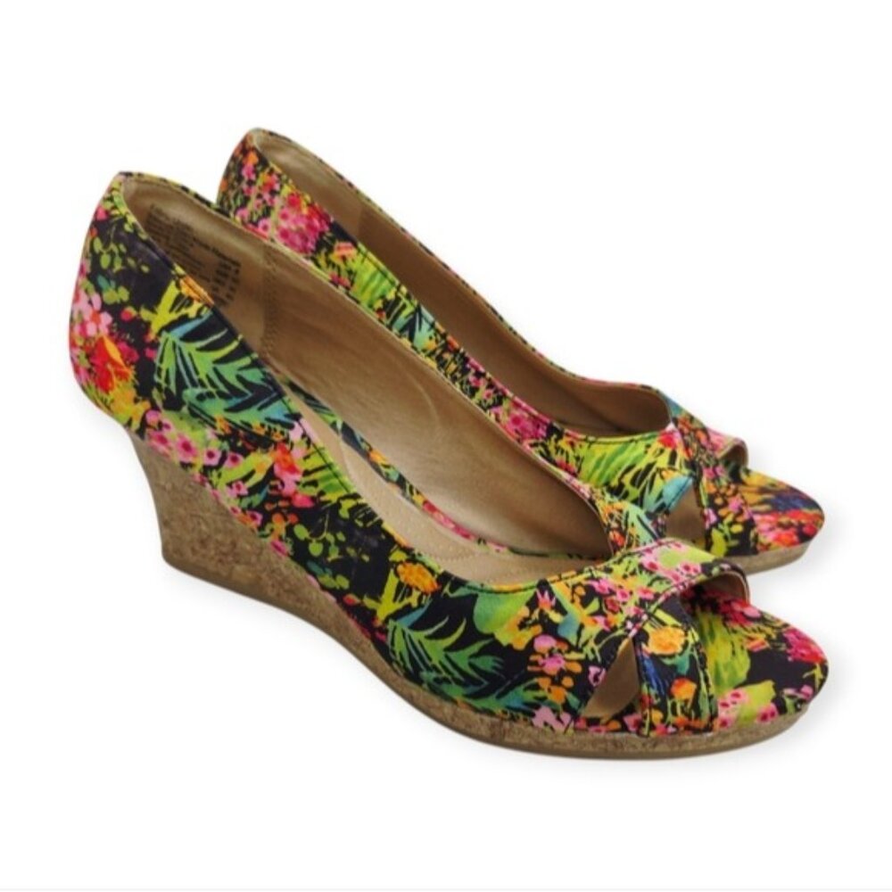 Dexflex Comfort Floral Cork Wedge Heels Open Toe Sandals Women's Size 8